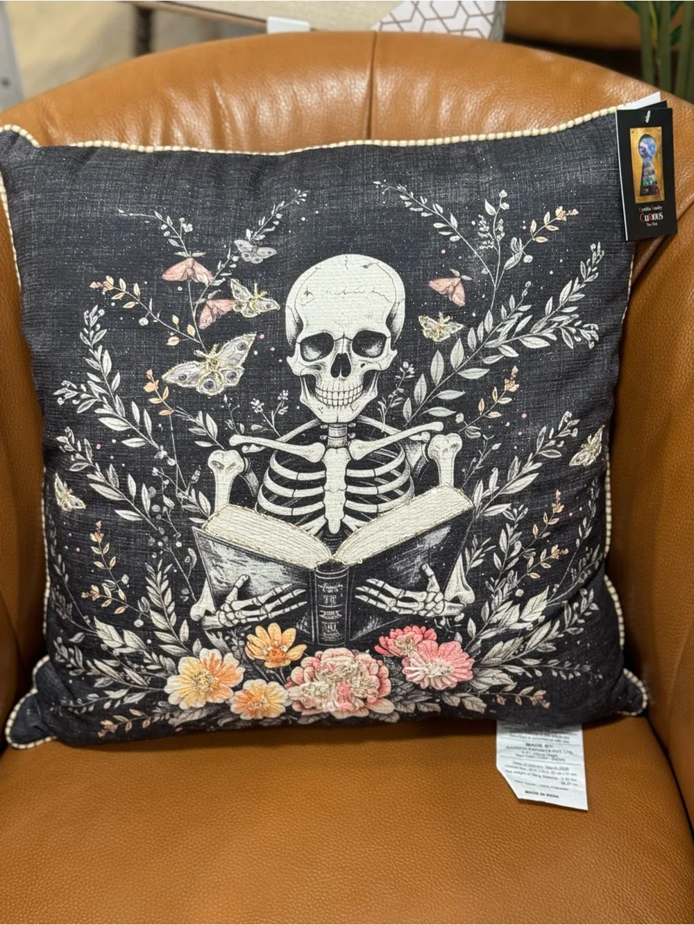 Cynthia Rowley Black Skeleton Reading Floral Embroidered Pillow